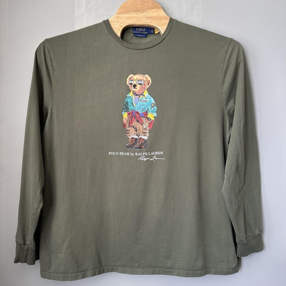 Polo Ralph‎ Lauren Shirt Mens XL Green Long Sleeve Polo Bear Graphic Classic Fit